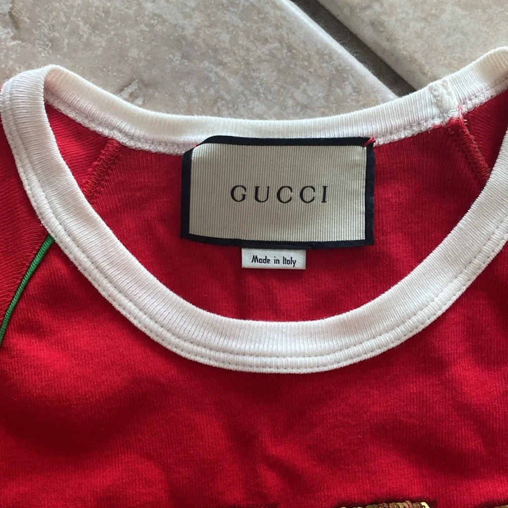 Gucci Red Sequin Logo Ringer Tee - Ribbed Jersey Knit Shirt XXS | EUC - Picture 6 of 8